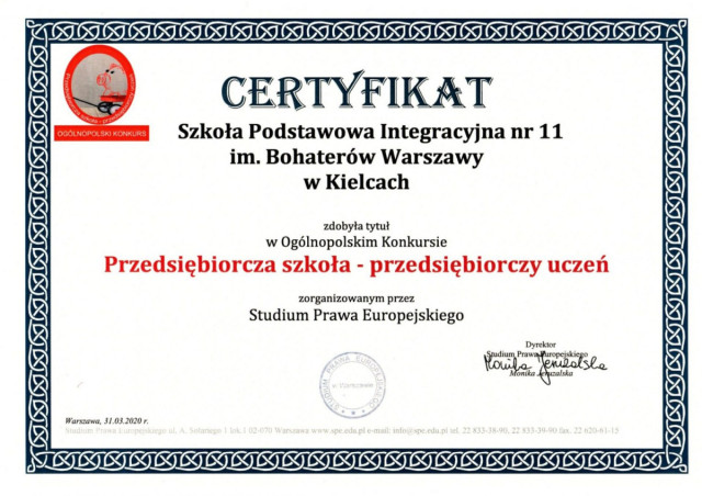 Certyfikat "Przedsiębiorcza szkoła - przedsiębiorczy uczeń"