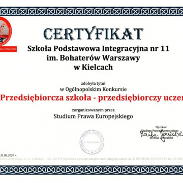 Certyfikat "Przedsiębiorcza szkoła - przedsiębiorczy uczeń"